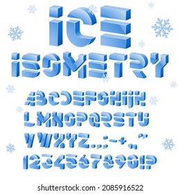 Vector ice alphabet. 3D isometric font. Vector letters, numbers and punctuation marks isolated on a white background. Editable strokes.