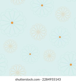 Vector ice blue seamless pattern: Spirit Mushroom Flowers. Orange and powder blue flower wheels made of tiny mushrooms circling on a ice blue background. Part of Spirit Flowers collection.