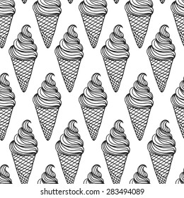Vector ice cream background, doodle ice cream pattern with cone, scoop, chocolate, sundae and cup. Hand drawn summer illustration