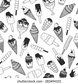 Vector ice cream background, doodle ice cream pattern with cone, scoop, chocolate, sundae and cup. Hand drawn summer illustration