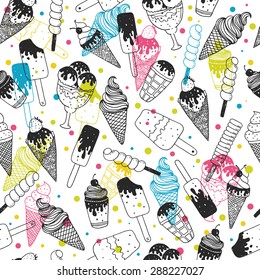 Vector ice cream background, doodle ice cream pattern with cone, scoop, chocolate, sundae and cup. Hand drawn summer illustration