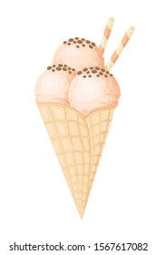 Vector ice cream balls in waffle cone. Delicious cold dessert with fruits and chocolate. Great elements for summer food design.