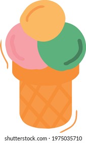 Vector ice cream balls in a waffle cone in the summer of yellow pink and green colors