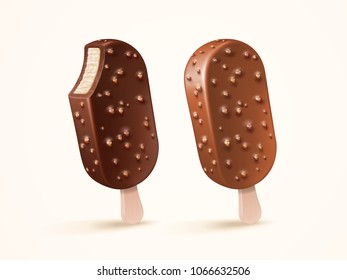 Vector ice cream bar with dark and milk chocolate glaze with nuts isolated on light background for design uses on white background in 3d illustration. Packaging design element for product advertising