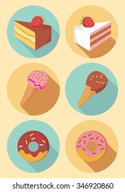 Vector of Ice Cream, Cake and Donut in flat design