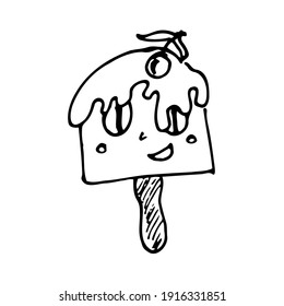 Vector Ice cream candy with cherry, face, smile, eyes and smudges isolated on the white background for menu cafe, bar, children food, restaurant