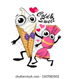 Vector ice cream and candy dance. Comic and funny sweet couple. Print on T-shirts, bags and other fashion products. 