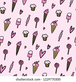 Vector ice cream and candy pattern, pink background. Line doodle illustrations.