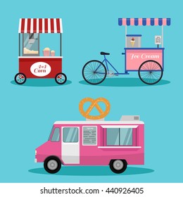 vector  Ice cream cart.Set of fast food carts. Ice cream, popcorn, bakery.popcorn machine