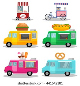 vector  Ice cream cart.Set of fast food  trucks. Ice cream, popcorn, bakery.popcorn,
Hot Dog, burger machine