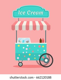 Vector Ice cream cart . Side view of a commercial decorated street food kiosk Modern flat style illustration