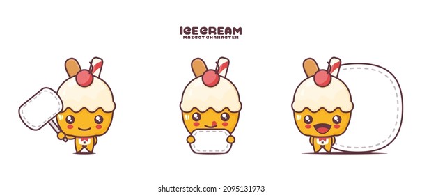 vector ice cream cartoon mascot, with blank board banner, isolated on a white background.