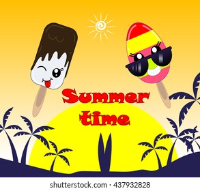 Vector ice cream character illustration in kawaii style. In the background depicts silhouettes of surfboards and palm trees