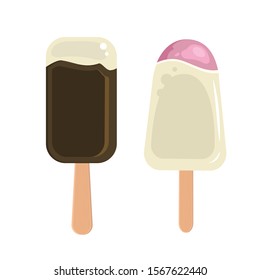 Vector ice cream with chocolate glaze. Delicious cold dessert with fruits and chocolate. Great elements for summer food design.