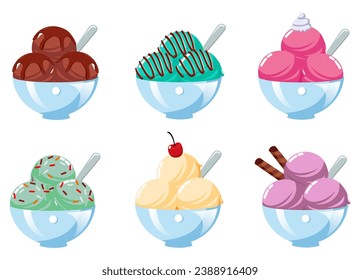 
Colección de crema de hielo vectorial, sopa de helado de diversos sabores y ingredientes, Copa de crema de hielo