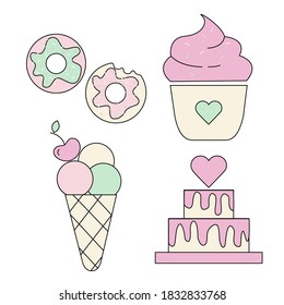 Vector ice cream collection of sweet icons with copcake, donut, cake isolated on white background for cute postcard, logo, invitations, greeting cards, busines, bakery logo