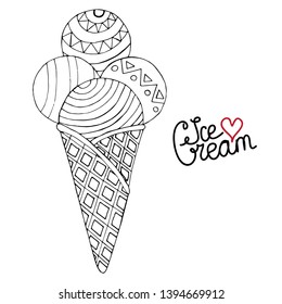 Vector Ice cream for coloring book for adult and kids. Black line Ice cream coloring page.