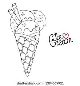Vector Ice cream for coloring book for adult and kids. Black line Ice cream coloring page.