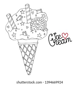 Vector Ice cream for coloring book for adult and kids. Black line Ice cream coloring page.