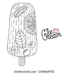 Vector Ice cream for coloring book for adult and kids. Black line Ice cream coloring page.