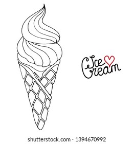 Vector Ice cream for coloring book for adult and kids. Black line Ice cream coloring page.