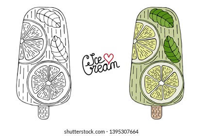 Vector Ice cream for coloring book for adult and kids. Black line Ice cream coloring page.