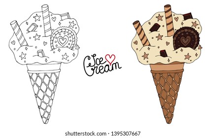 Vector Ice cream for coloring book for adult and kids. Black line Ice cream coloring page.