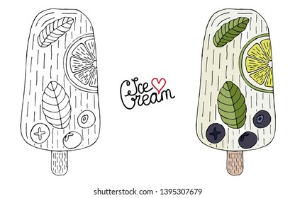 Vector Ice cream for coloring book for adult and kids. Black line Ice cream coloring page.