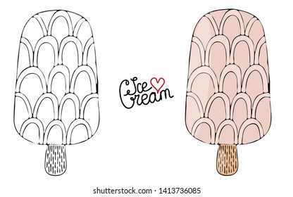 Vector Ice cream for coloring book for adult and kids. Black line Ice cream coloring page.
