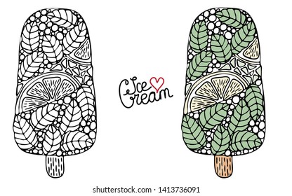 Vector Ice cream for coloring book for adult and kids. Black line Ice cream coloring page.