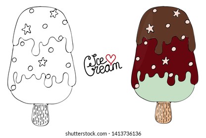 Vector Ice cream for coloring book for adult and kids. Black line Ice cream coloring page.