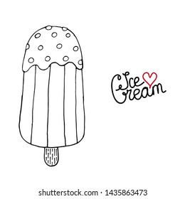Vector Ice cream for coloring book for adult and kids. Black line Ice cream coloring page. Vector coloring food.
