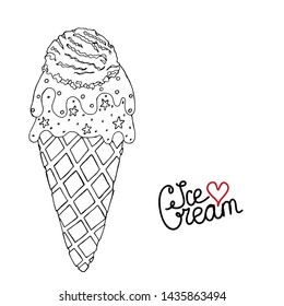 Vector Ice cream for coloring book for adult and kids. Black line Ice cream coloring page. Vector coloring food.