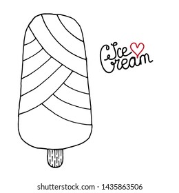 Vector Ice cream for coloring book for adult and kids. Black line Ice cream coloring page. Vector coloring food.