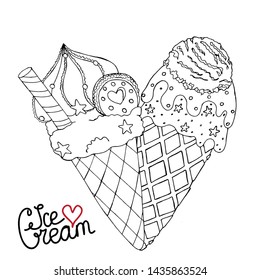 Vector Ice cream for coloring book for adult and kids. Black line Ice cream coloring page. Vector coloring food.