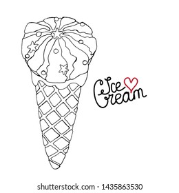 Vector Ice cream for coloring book for adult and kids. Black line Ice cream coloring page. Vector coloring food.