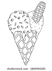 Vector Ice cream for coloring book for adult and kids. Black line Ice cream coloring page.