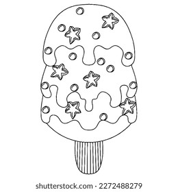 Vector Ice cream for coloring book for adult and kids. Black line Ice cream coloring page.