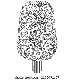 Vector Ice cream for coloring book for adult and kids. Black line Ice cream coloring page.