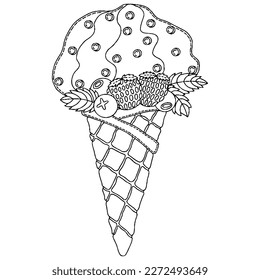 Vector Ice cream for coloring book for adult and kids. Black line Ice cream coloring page.