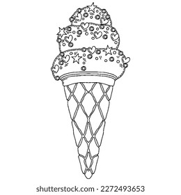 Vektoreis-Creme für das Farbbuch für Erwachsene und Kinder. Schwarze Eiscreme-Färbeseite.
