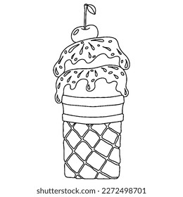 Vector Ice cream for coloring book for adult and kids. Black line Ice cream coloring page.