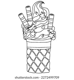 Vector Ice cream for coloring book for adult and kids. Black line Ice cream coloring page.