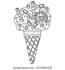 Vector Ice cream for coloring book for adult and kids. Black line Ice cream coloring page.