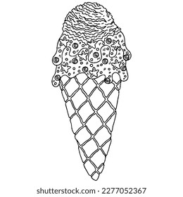 Vector Ice cream for coloring book for adult and kids. Black line Ice cream coloring page.