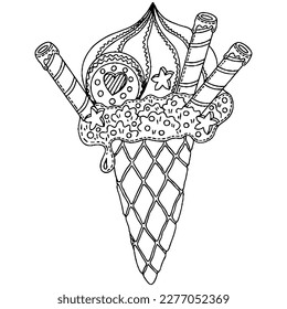Vektoreis-Creme für das Farbbuch für Erwachsene und Kinder. Schwarze Eiscreme-Färbeseite.