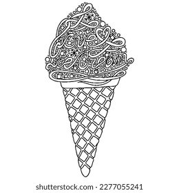 Vector Ice cream for coloring book for adult and kids. Black line Ice cream coloring page.