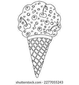 Vector Ice cream for coloring book for adult and kids. Black line Ice cream coloring page.