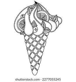 Vector Ice cream for coloring book for adult and kids. Black line Ice cream coloring page.