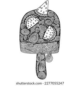 Vector Ice cream for coloring book for adult and kids. Black line Ice cream coloring page.
